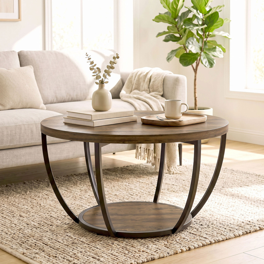 HOMCOM Couchtisch rund in Braun mit 2 Ebenen und Stauraum, Durchmesser: 80 cm, Höhe: 43,8 cm - Bild 2