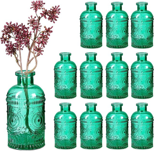 Relaxdays Glasvasen 12er Set in Grün im Vintage-Design mit Prägung, Höhe: 13 cm, Durchmesser: 6 cm - Bild 1