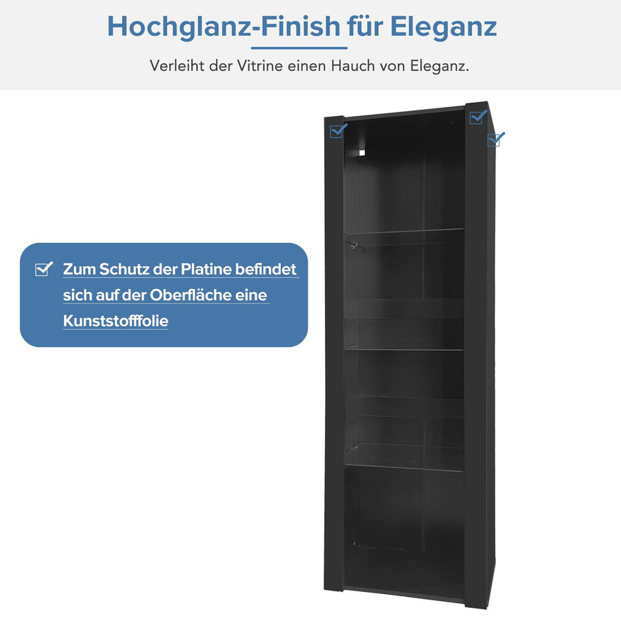 Flieks Modernes Vitrine Hochschrank in Schwarz mit Glasböden, B/T/H: 55 x 38 x 166 cm - Bild 6