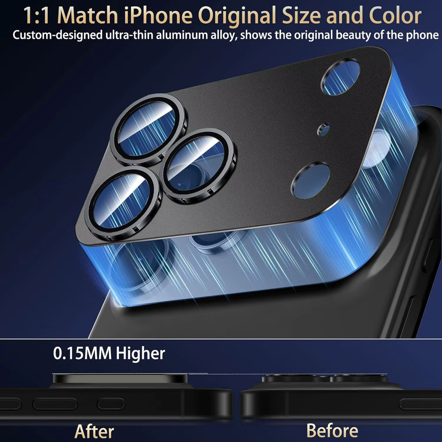 Kameraschutzfolie aus Metall-Aluminiumlegierung für Apple iPhone 17 Pro Max und iPhone 17 Pro als Rücklinsenabdeckung in Schwarz und Silber - Bild 2