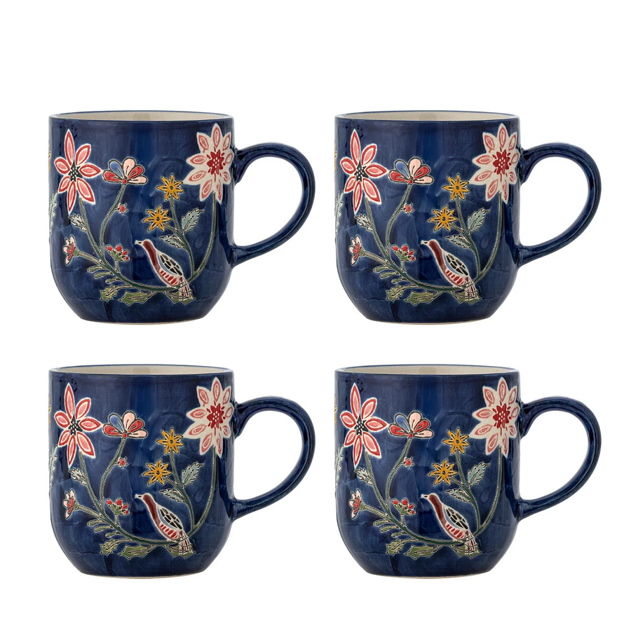 Bloomingville Tassenset Meredith aus Keramik in Blau mit floralem Muster, 4 Stück - Bild 1