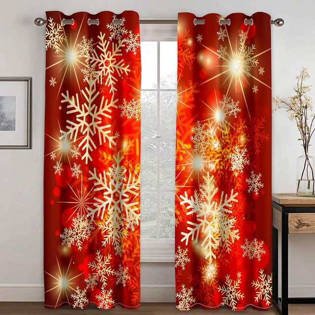 Weihnachts Vorhänge mit Cartoon Santa Claus und Weihnachtsbaum in Rot und Gold, 2er-Set mit Ösen, Breite: 50 cm, Höhe: 130 cm - Bild 1