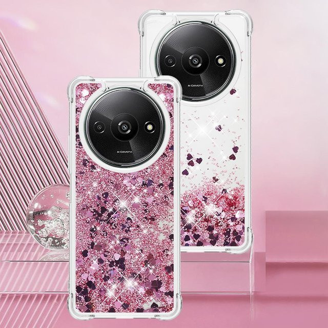 Xiaomi Redmi 14C 14R 5G Hülle mit Bling Glitzer und fließendem Flüssigsilikon, stoßfest, transparent gold oder pink - Bild 1
