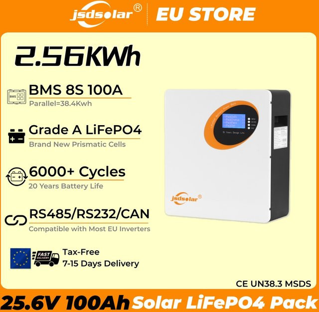 Jsdsolar LiFePO4-Lithiumbatterie 24 V 100 Ah Powerwall mit BMS 6,56 kWh in Weiß - Bild 1