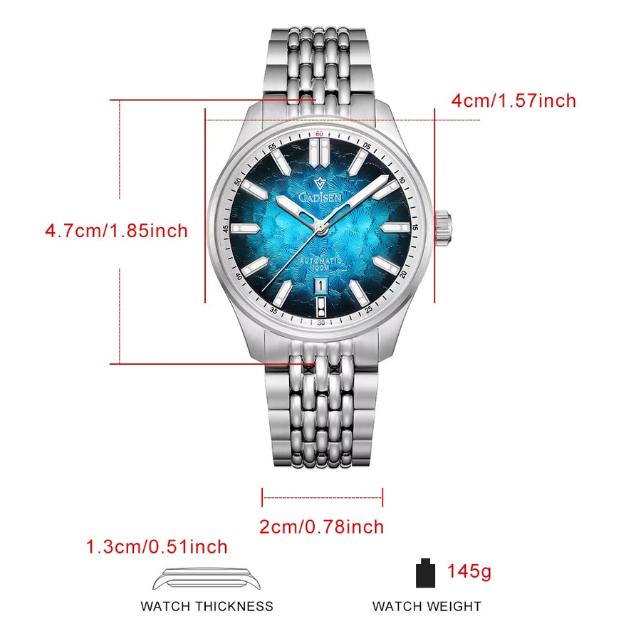 CADISEN Armbanduhr Automatik, blaues Zifferblatt, Edelstahl, Herren - Bild 6