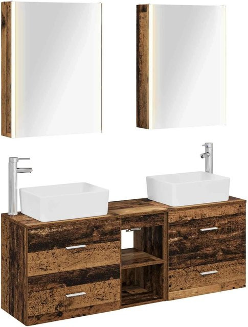 vidaXL Badezimmermöbel-Set 5-teilig aus Altholz und Glas in Braun mit LED-Beleuchtung und Spiegelschrank - Bild 1