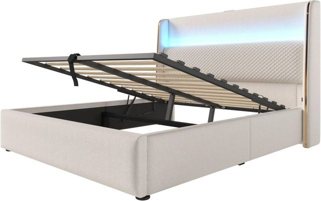 okwish Hydraulisches Bett mit LED-Beleuchtung und USB-Ladeport, Beige, B/T/H: 160 x 200 x 121 cm - Bild 1