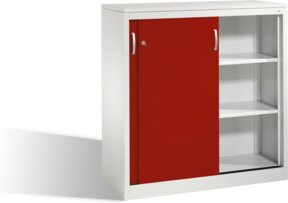 C+P Akten-Sideboard Acurado mit Schiebetüren und Schloss, Front Rubinrot, Korpus Lichtgrau, H: 120 cm, B: 120 cm, T: 50 cm - Bild 1