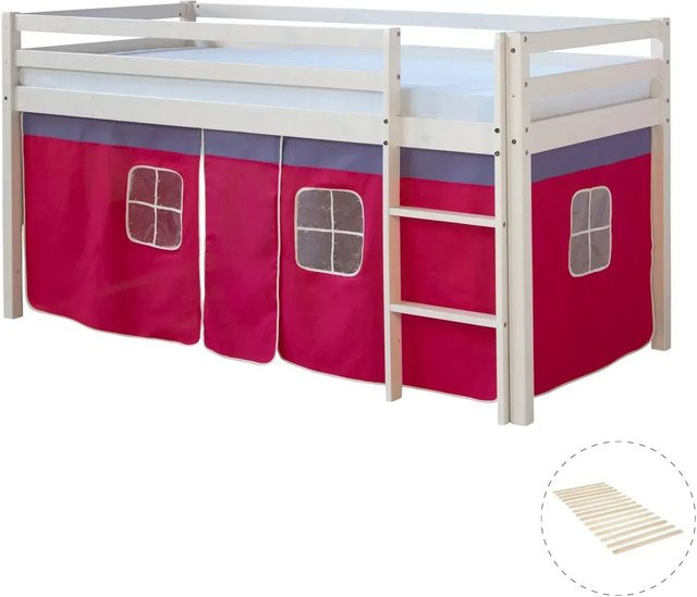 Homestyle4u Hochbett aus Kiefernholz mit Vorhang und Lattenrost in Weiß, B/T/H: 90 x 200 x 165 cm - Bild 1