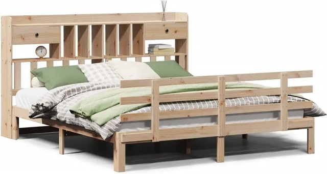vidaXL Massivholzbett aus Kiefer mit Kopfteil und Regal in Braun, B/T/H: 180 x 200 x 110 cm - Bild 1