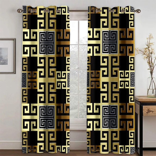 A Family Of Home Textiles 2er-Set moderne Barock Vorhänge in Schwarz und Gold, semi-transparent mit Ösen, Breite: 110 cm, Höhe: 220 cm - Bild 1