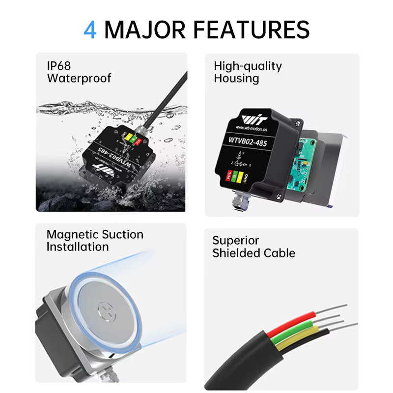 WitMotion WTVB02-485 Triaxialer Vibrations-, Geschwindigkeits- und Amplitudensensor in Schwarz, IP68 Wasserdicht zur Überwachung von Motorpumpen-Vibrationen - Bild 3