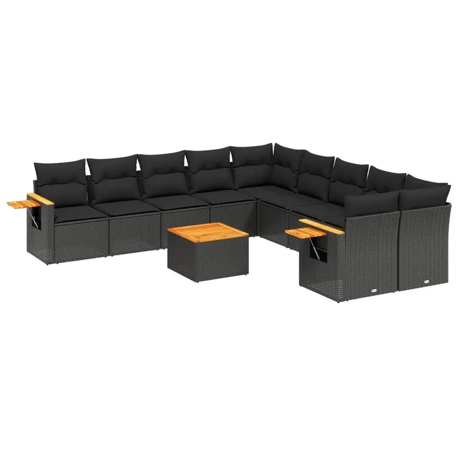 vidaXL 11-tlg. Garten-Sofagarnitur aus Polyrattan und Akazienholz mit Kissen in Schwarz - Bild 2