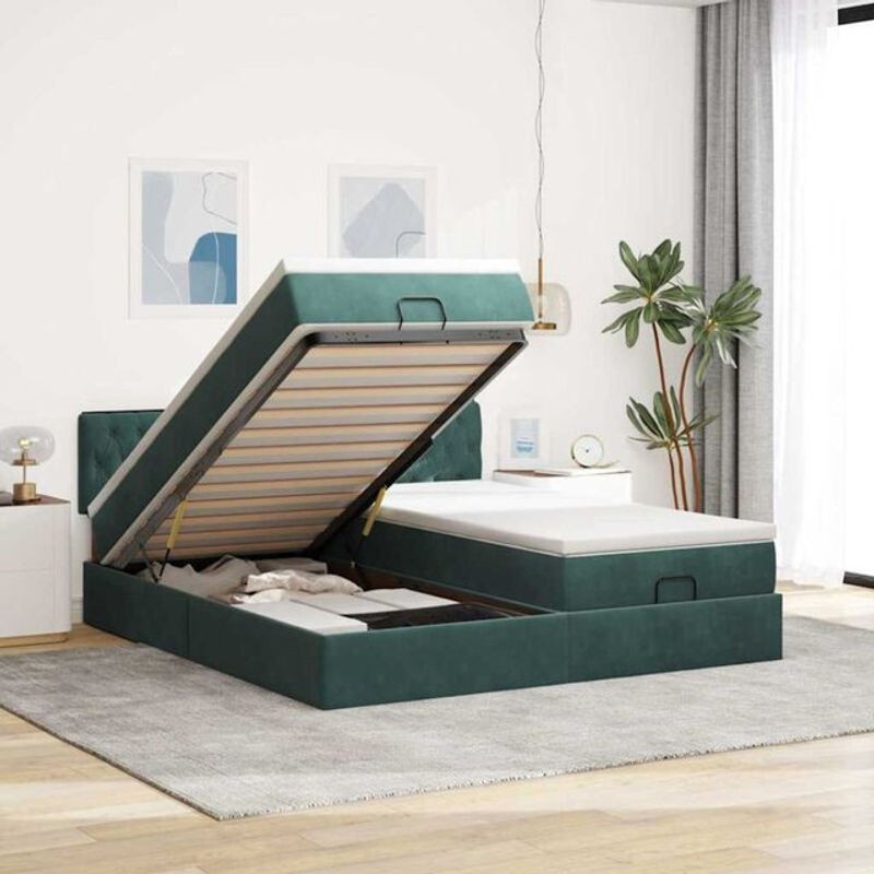 Vidaxl Ottoman Polsterbett mit Matratze und LED in Dunkelgrün aus Samt, B/T/H: 160 x 200 x 88 cm - Bild 1