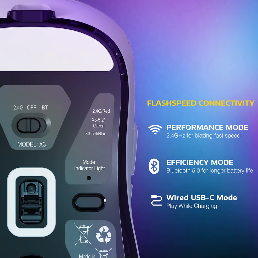 Attack Shark Angriff Hai x3 Drahtlose Gaming-Maus mit PAW3395 26k DPI optischem Sensor, ergonomisches Design mit 49g, programmierbare Tasten, Bluetooth und Wi-Fi, Farben: Weiß oder Violett - Bild 3