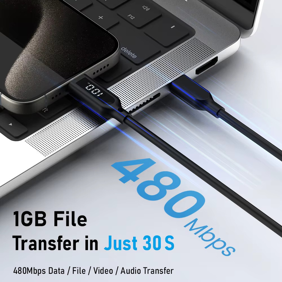 Lemorele USB-C-Kabel mit Digitalanzeige, 100 W Schnellladefunktion und 480 Mbit/s Datenübertragung, Silikonkabel in Schwarz - Bild 3