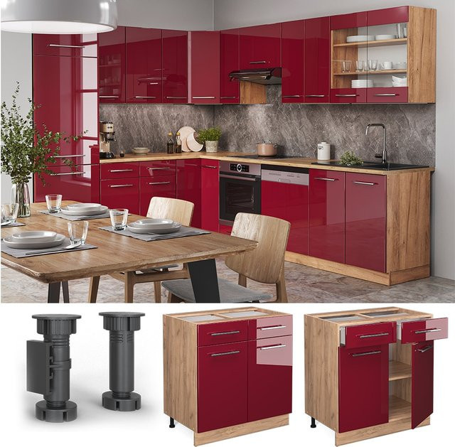 Vicco Küchenunterschrank Fame-Line in Eiche Rot Bordeaux Hochglanz mit Schublade und Drehtür, Breite: 80 cm - Bild 1