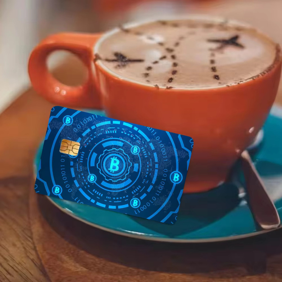 Bitcoin Evolution Of Money Aufkleber mit Anime Cartoon Bär Design für Kreditkarten und Debitkarten in Blau - Bild 3