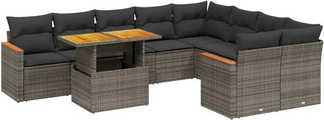 vidaXL 10-tlg. Garten-Sofagarnitur in L-Form aus Polyrattan und Akazienholz in Grau mit Kissen - Bild 1