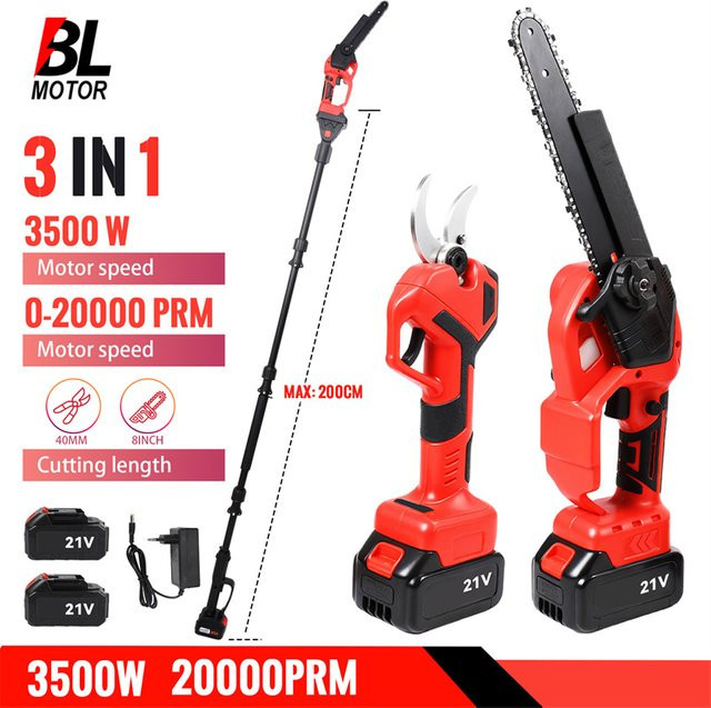 Bromose 3-in-1 Teleskop-Elektrokettensäge mit 3500W Bürstenmotor und 2 Akkus, Rot - Bild 1