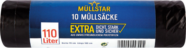 müllstar Müllsäcke 110 Liter, extra stark, schwarz, B/H: 70 x 100 cm, 10 Stück - Bild 1