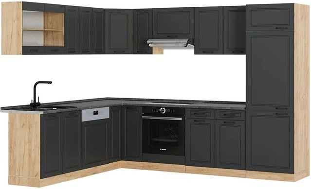 Vicco R-Line Eckküche Landhausstil in Anthrazit und Eiche mit Goldkraft-Optik, B/T/H: 227 x 287 x 207 cm - Bild 1