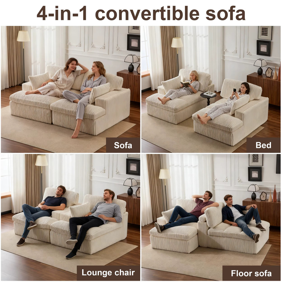 Vankel 2-in-1 Cord Schlafsofa in Weiß, modernes gepolstertes Schlafcouch für Wohnzimmer und Gästezimmer - Bild 2