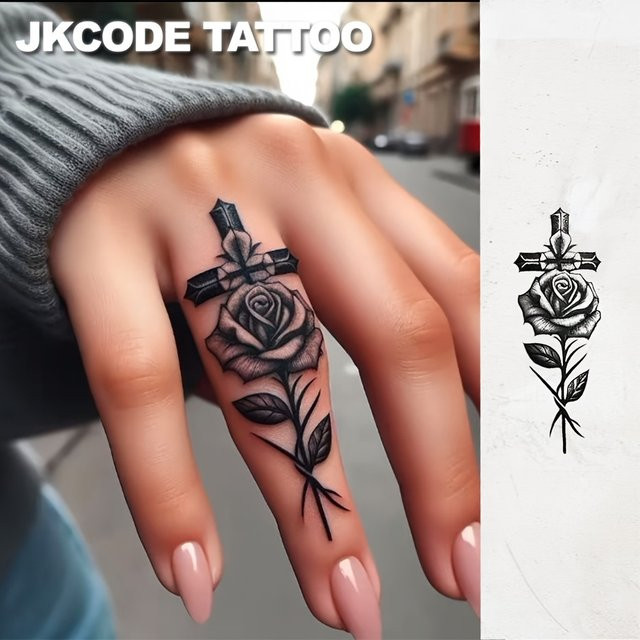 JKCODE TATTOO Rose des Kreuzes Fake-Tattoos, Unisex, wasserfest - Bild 1