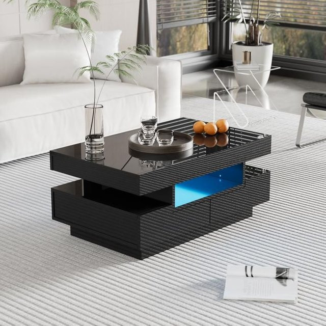Couchtisch MUVOE in Schwarz mit Hochglanz-Finish, LED-Beleuchtung und 4 Schubladen, B/T/H: 80 x 50 x 36 cm - Bild 1