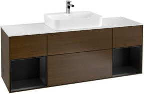 V&B Waschtischunterschrank Finion mit Wandbeleuchtung, Breite: 160 cm, Farbe: Weiß und Blau mit Walnuss-Dekor - Bild 1