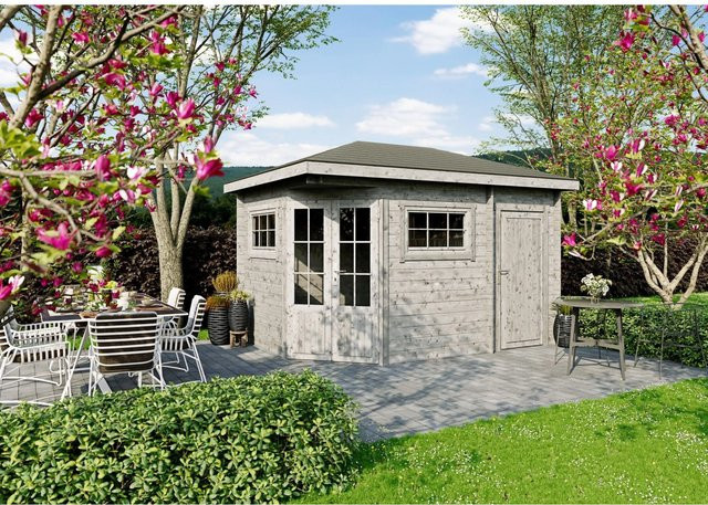 Fjordholz Gartenhaus Evelyn 5-Eck Log Cabin aus imprägniertem Holz in Grau - Bild 1