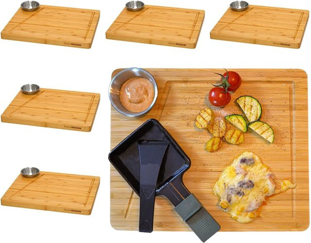 DuneDesign Raclette Teller Set mit Dipschale für 6 Personen in Braun und Beige aus Bambus und Edelstahl, B/T: 30 x 25 cm - Bild 1