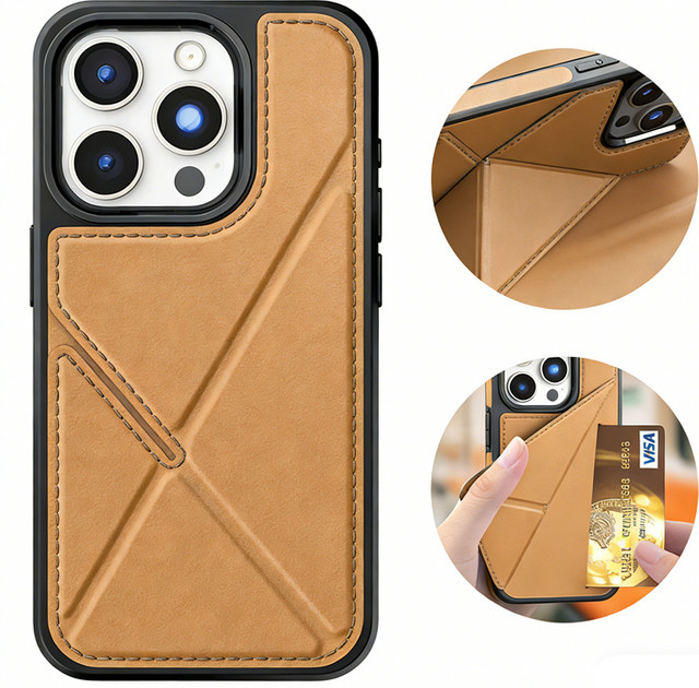 newteneight Faltbare Lederhülle mit Kartenhalter und Ständer für iPhone 17 Air 16 15 14 13 12 Pro Max Plus in Schwarz oder Braun - Bild 1