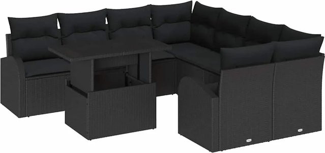 vidaXL Garten-Sofa-Set 9-tlg. aus Poly Rattan und Stahl in Schwarz mit Kissen und Tisch - Bild 1