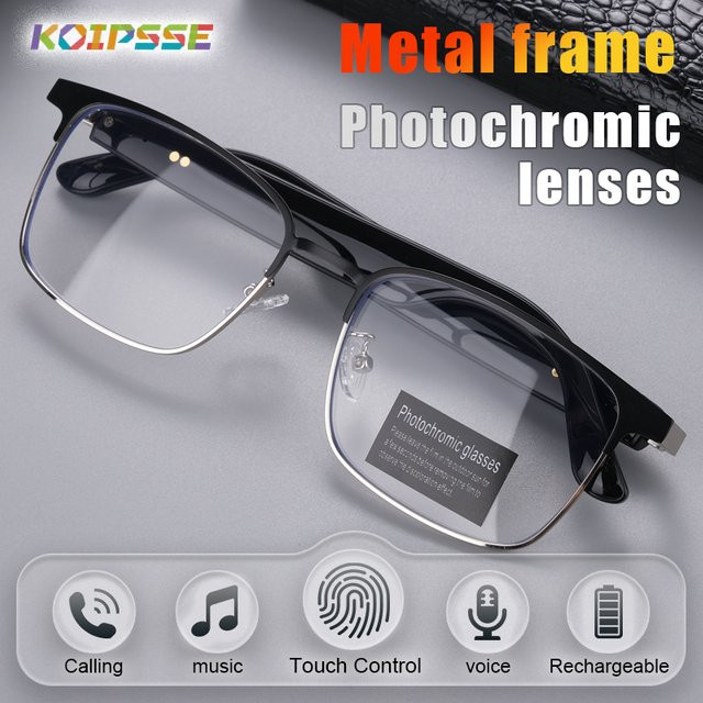 Koipsse Smart-Brille mit Metallrahmen und Farbwechselgläsern, Bluetooth-Headset mit Anruffunktion und Dual-Touch für Damen und Herren, Farbe: Schwarz oder Silber - Bild 1