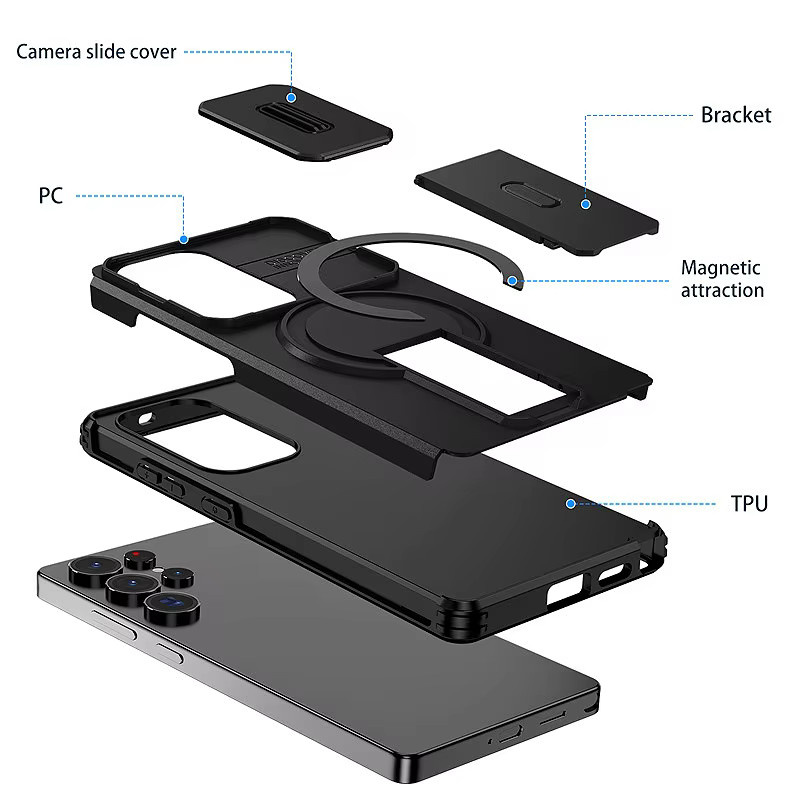 Slide Lens Protect Armor Case für Samsung Galaxy S26 S25 S24 Plus FE A26 A36 A56 A17 5G Stand Cover aus Hard PC und TPU in Schwarz - Bild 5