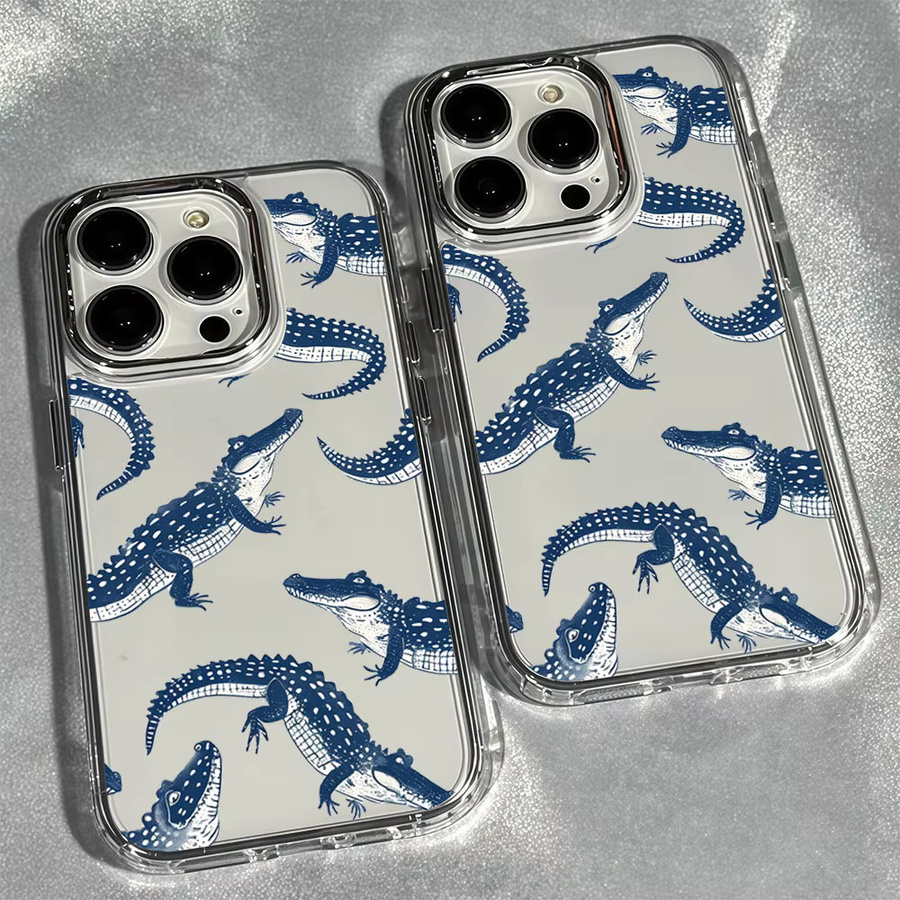 Aurbe Handyhülle mit Indigo Krokodilmuster und silbernem Linsenrahmen für iPhone 11 bis iPhone 17 Pro Max, Transparent - Bild 2