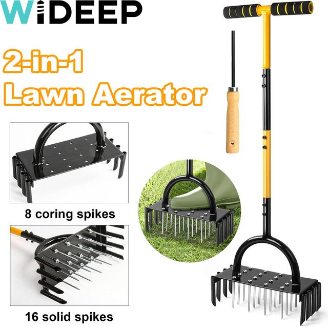 WIDEEP 2-in-1 Rasenbelüfter und Entkerner mit 16 Metallspitzen für die Gartenpflege - Bild 1