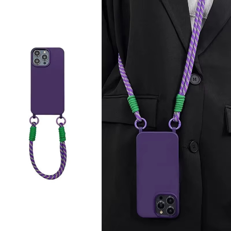 STJKQL Silikon Handyhülle mit Crossbody Lanyard und Wrist Strap für iPhone 16 15 14 13 12 11 Pro Max XS XR in Lila - Bild 4