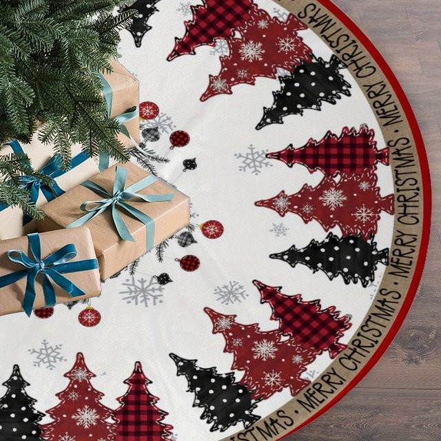VIKAMA Weihnachtsbaumrock in Rot und Schwarz mit Karomuster und Schneeflocken-Design für deine festliche Dekoration - Bild 1