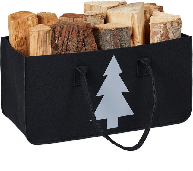 Relaxdays Kaminholztasche aus Filz in Schwarz mit Tannenbaum Motiv B: 50 cm, T: 25 cm, H: 25 cm - Bild 1