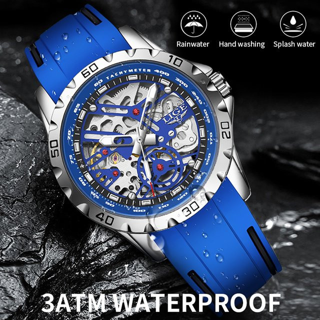 LIGE Armbanduhr Automatik, Edelstahl, Silikon, Blau, Herren - Bild 1