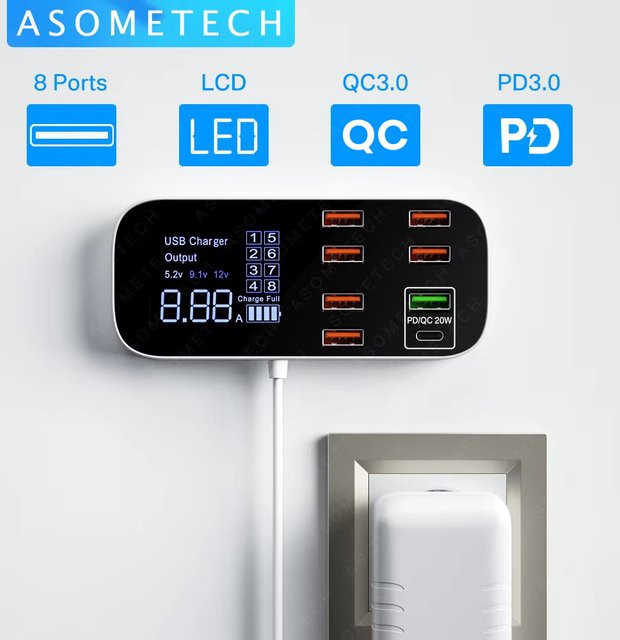ASOMETECH USB-Ladegerät Hub mit USB-A Anschlüssen für iPhone, Xiaomi, Huawei und Samsung als tragbares Reise-Ladegerät mit Schnellladefunktion - Bild 1