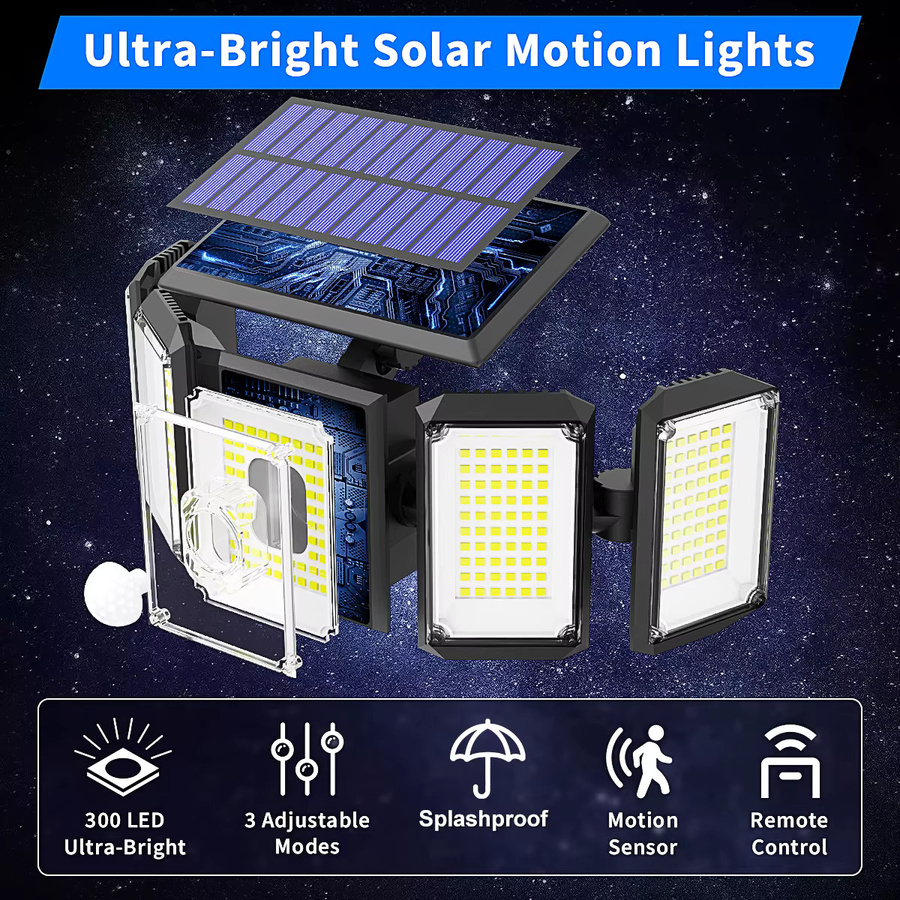 nexillumi Solar-Außenleuchte mit 300 LED, Schwarz, IP65 wasserdichte LED-Flutlichtleuchte mit Bewegungssensor und Fernbedienung für Garten und Terrasse - Bild 2