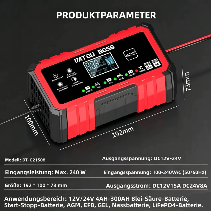 DATOUBOSS Intelligentes Batterieladegerät für 12V/24V Blei-Säure, AGM, GEL und LiFePO4 Batterien in Rot - Bild 3