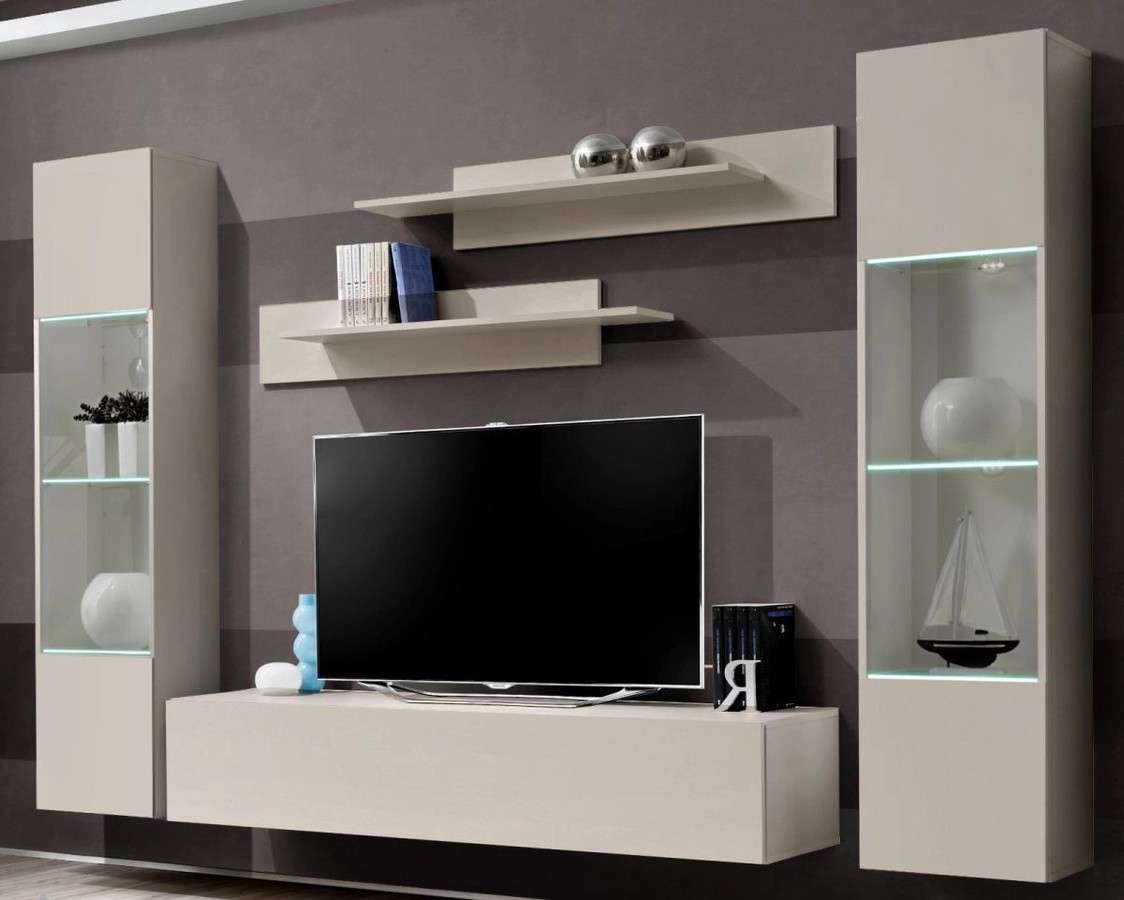 Wohnwand Option von Inn.Furn in Kaschmir Beige, 5-teiliges modernes Wohnzimmer-Set mit LED-Beleuchtung und Glasvitrine, Breite: 260 cm - Bild 1