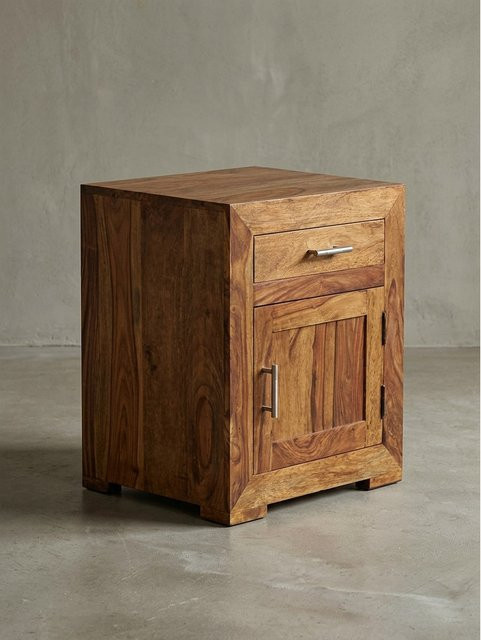 Nachttisch MUMBAI aus Massivholz von KADIMA DESIGN in Braun mit Schublade und Tür, B/T/H: 50 x 40 x 60 cm - Bild 1