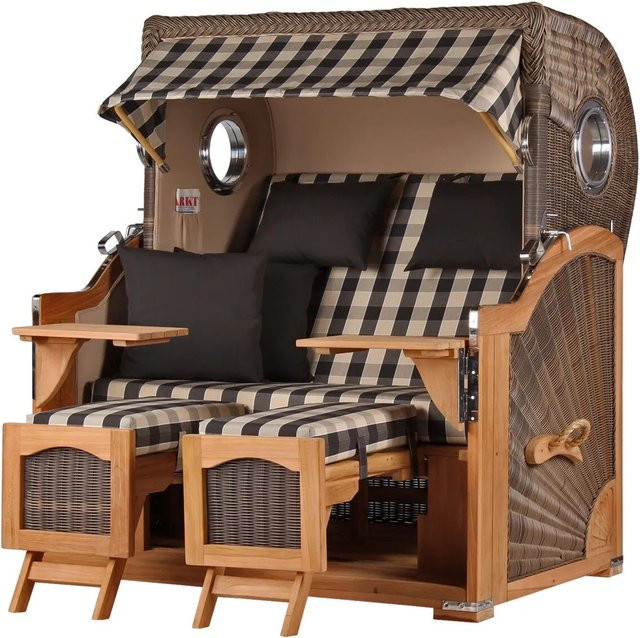 Bene Living Strandkorb Komplettset Ammersee Grande XL Teak Bullauge PE Grau Modell 505 mit Liftersystem, Schutzhülle, Doppelrollen und Glasbecherhalter - Bild 1