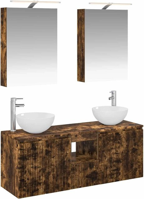 vidaXL Badezimmerschrank-Set 5-teilig aus geräuchertem Eichenholz in Braun mit LED-Beleuchtung und Spiegelschrank B/T/H: 50 x 14,5 x 70 cm - Bild 1