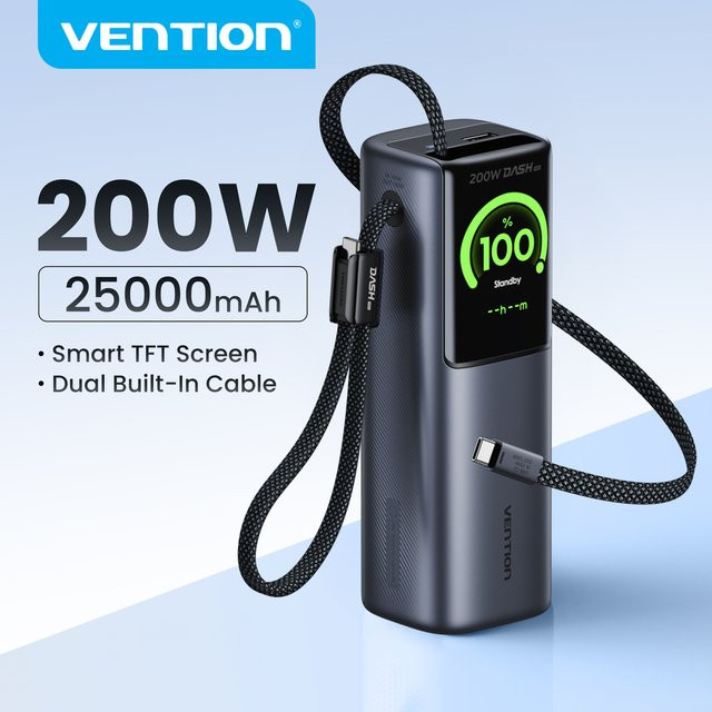 Vention Powerbank 25000mAh mit 200W Schnellladefunktion und einziehbaren Kabeln in Grau - Bild 1